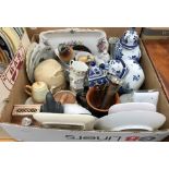 Four boxes of assorted china and glass to include fruit bowls, sundae glasses,