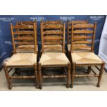 A set of six oak framed rush seat ladder back chairs in the 17th Century North Country manner,