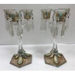 A collection of items to include a pair of early 20th Century glass candelabra with lustres and