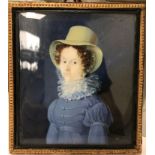 LATE 18TH CENTURY ENGLISH SCHOOL "Lady in blue dress with white ruff and rimmed hat" a portrait