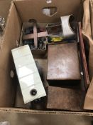A box containing a Mamod steam tractor, a quantity of play worn toy cars,