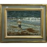 REES JONES "Study of a young boy fishing on the seashore" oil on canvas,