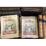 A box containing assorted editions of "Punch", to include some leather bound volumes dated 1875,