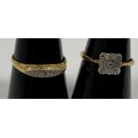 Two 18-carat gold and diamond set dress rings, the square set ring, size O and the lozenge set ring,
