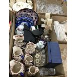 A box of assorted china wares to include a set of three graduated Masons Ironstone Brocade jugs and