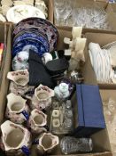A box of assorted china wares to include a set of three graduated Masons Ironstone Brocade jugs and