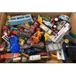 A box of assorted play worn model cars, vehicles, etc.