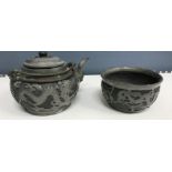 A 20th Century Chinese pewter mounted Yi Xing teapot and bowl,