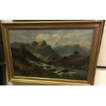 F WALTERS "Rapids in mountains with cottage in mid ground" oil on canvas,