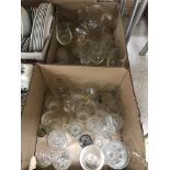 Six boxes of assorted china and glass to include decanters, drinking glasses,