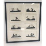 A framed and glazed collection of eight cut out silhouettes of various figural scenes inscribed on