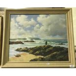 DEREK LUCAS "Coastal landscape with figure and dog on rocky outcrop", oil on canvas,