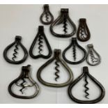 A collection of ten 19th Century folding bow steel corkscrews,
