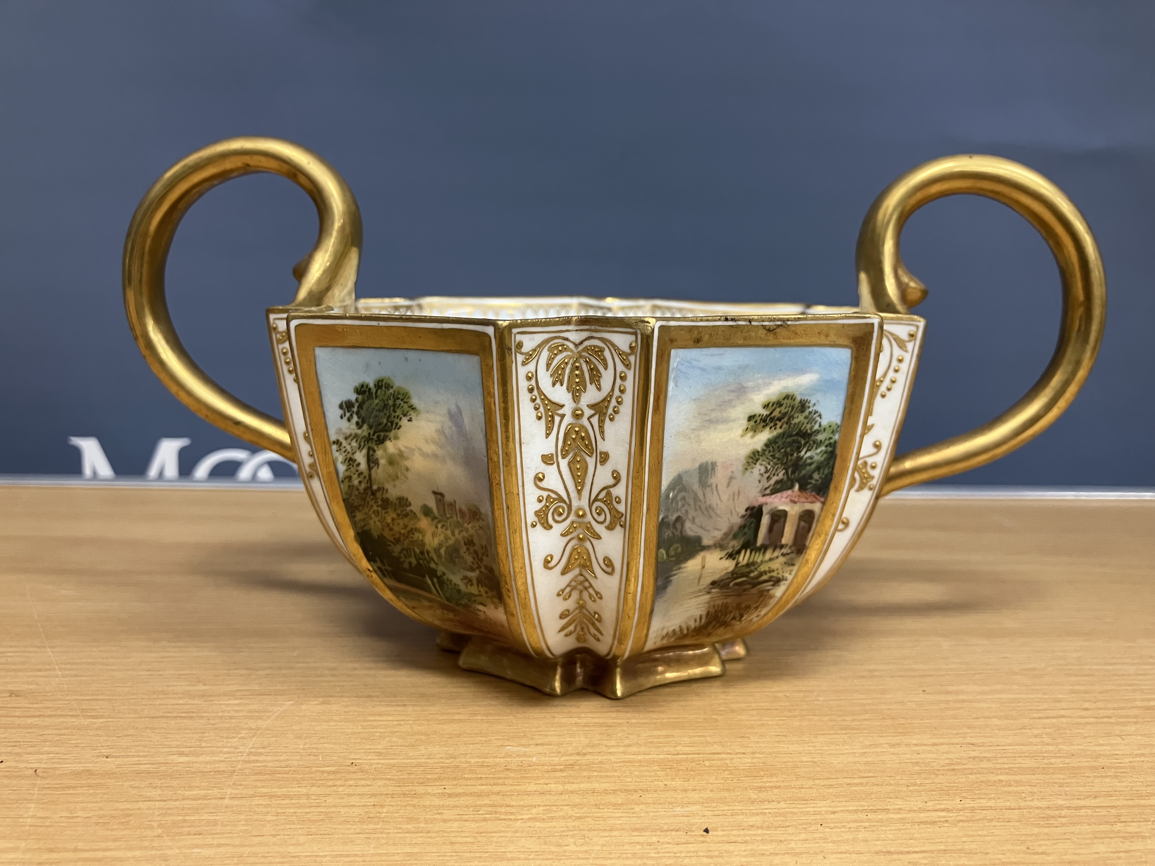 A pair of Coalport hexagonal two-handled bowls, each panel decorated with a landscape scene 10. - Image 34 of 46