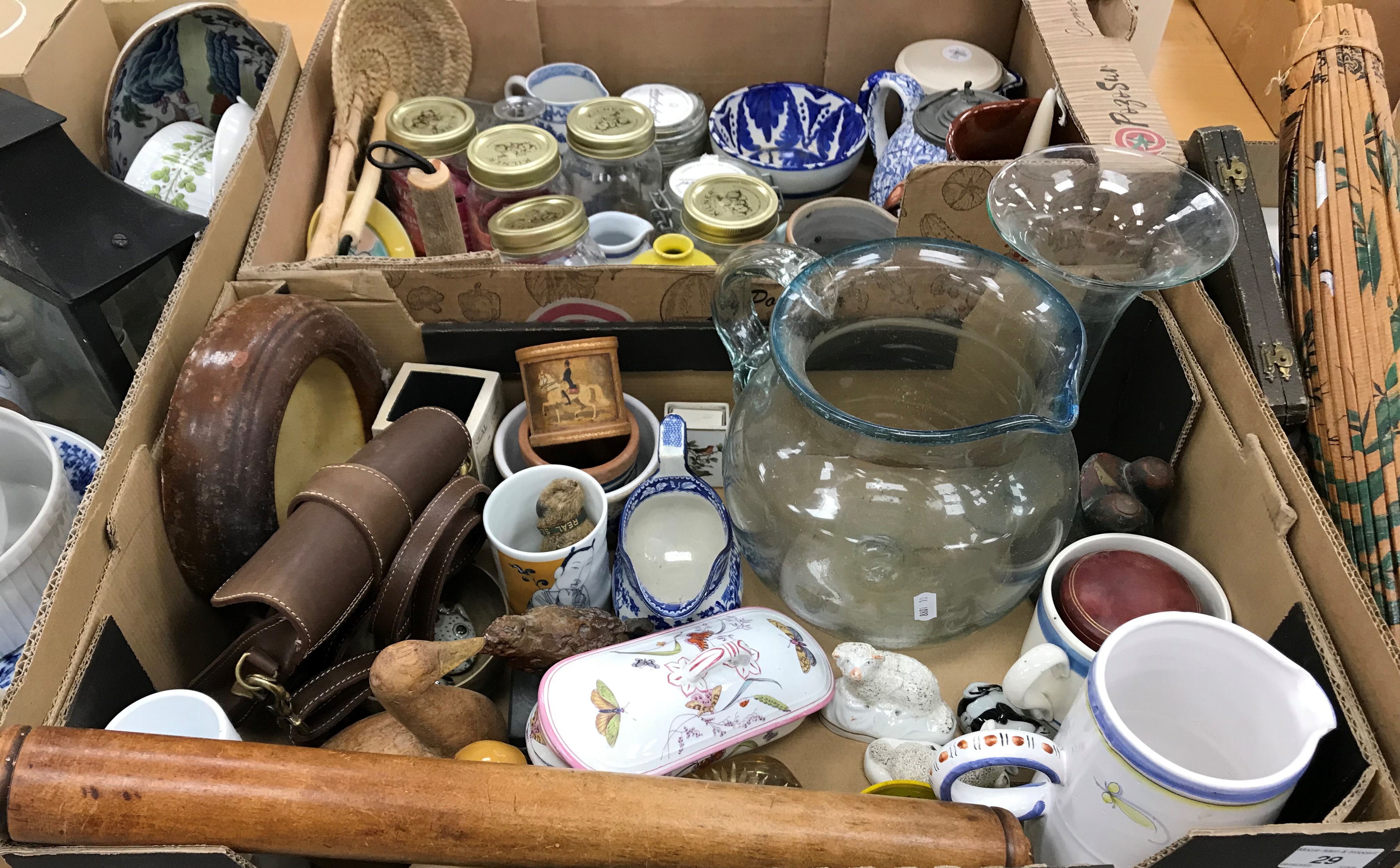 Four boxes of assorted decorative china and glass ware to include Daylesford Ledbury jug,