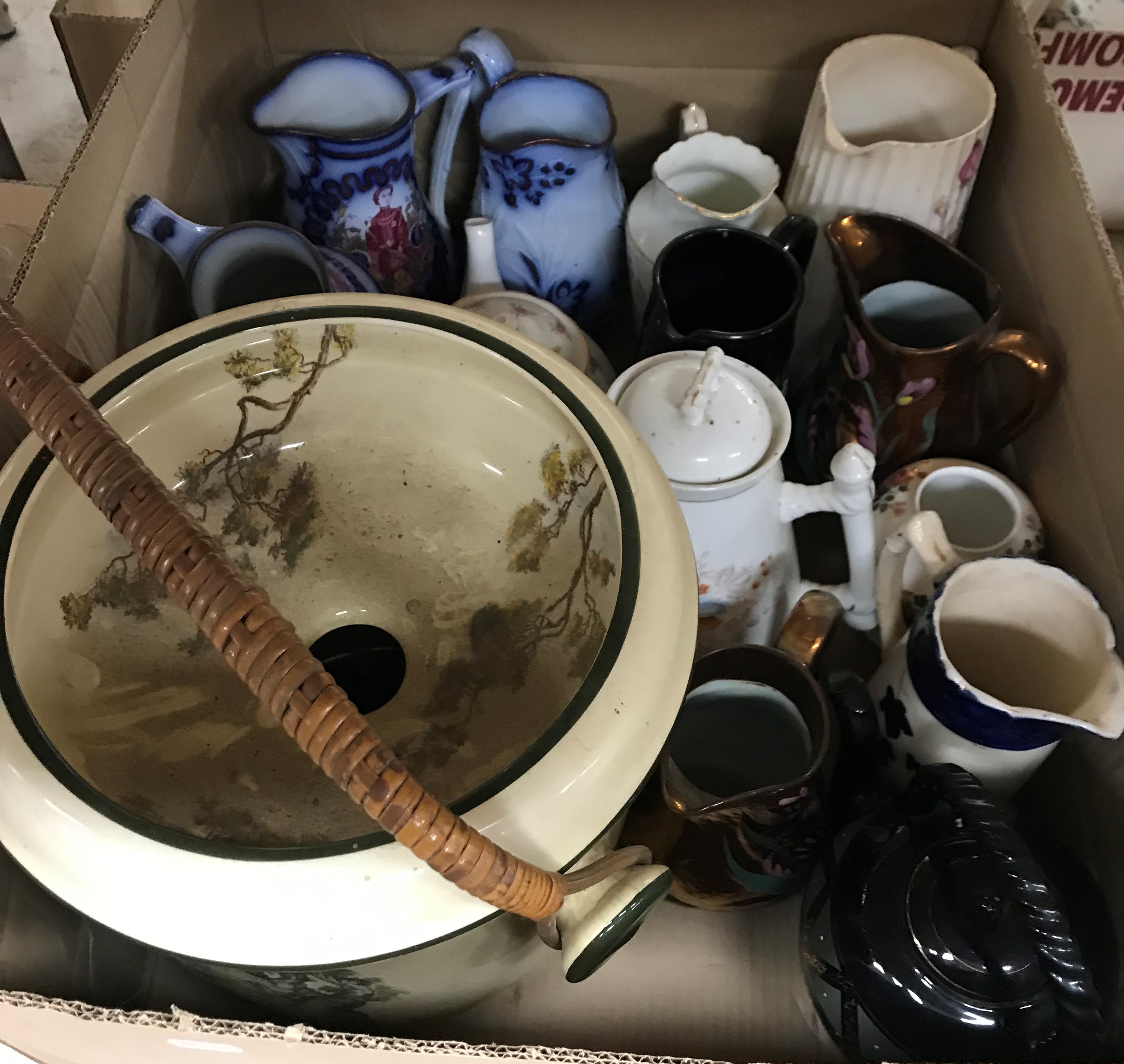 Three boxes of miscellaneous decorative china wares to include various Victorian and later lustre