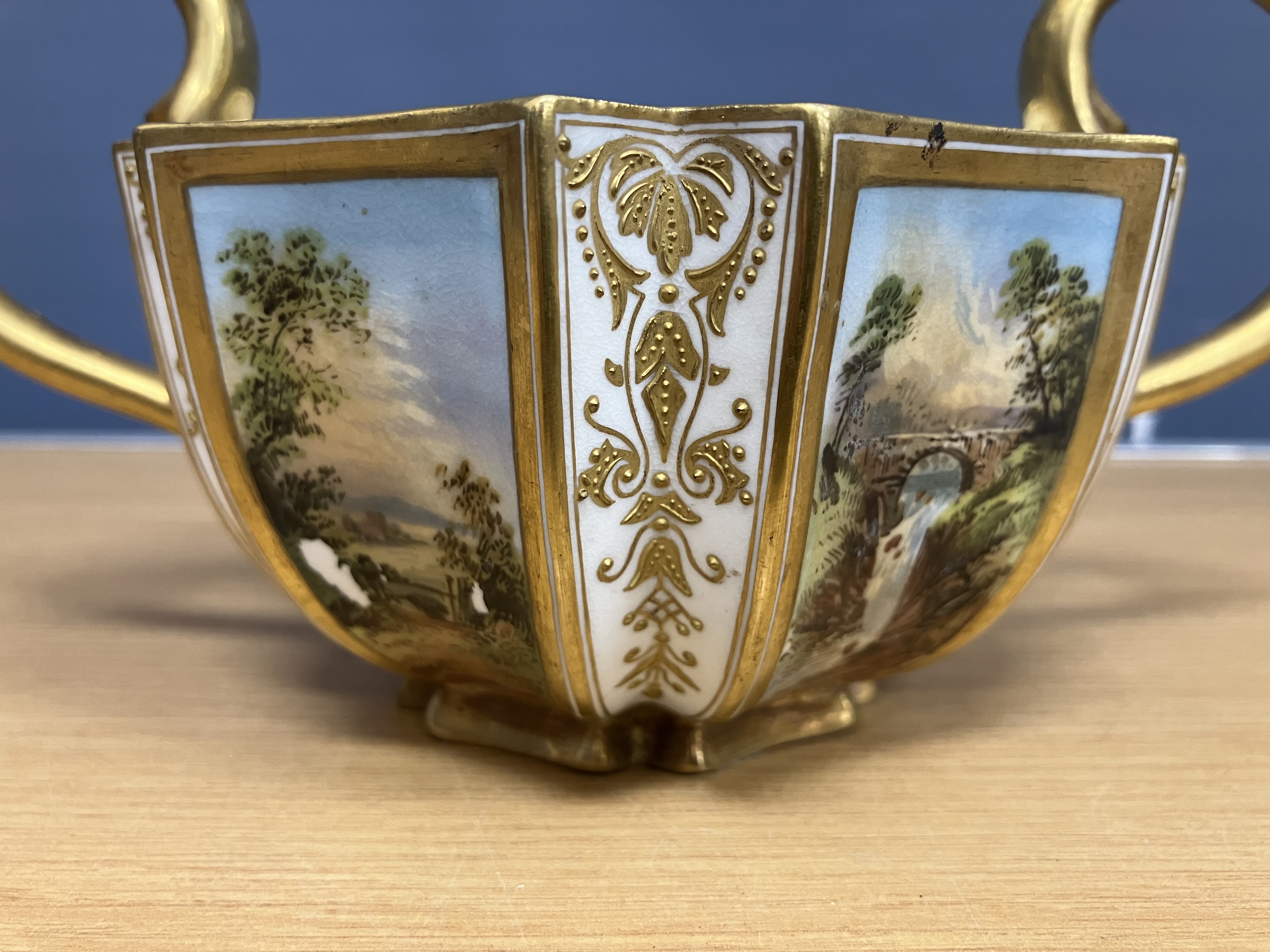 A pair of Coalport hexagonal two-handled bowls, each panel decorated with a landscape scene 10. - Image 18 of 46