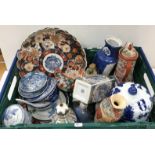 A crate of assorted Chinese and Japanese china wares of various age,