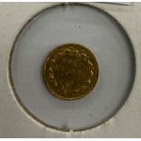 A United States gold $quarter coin, 1869, with tiara head version,