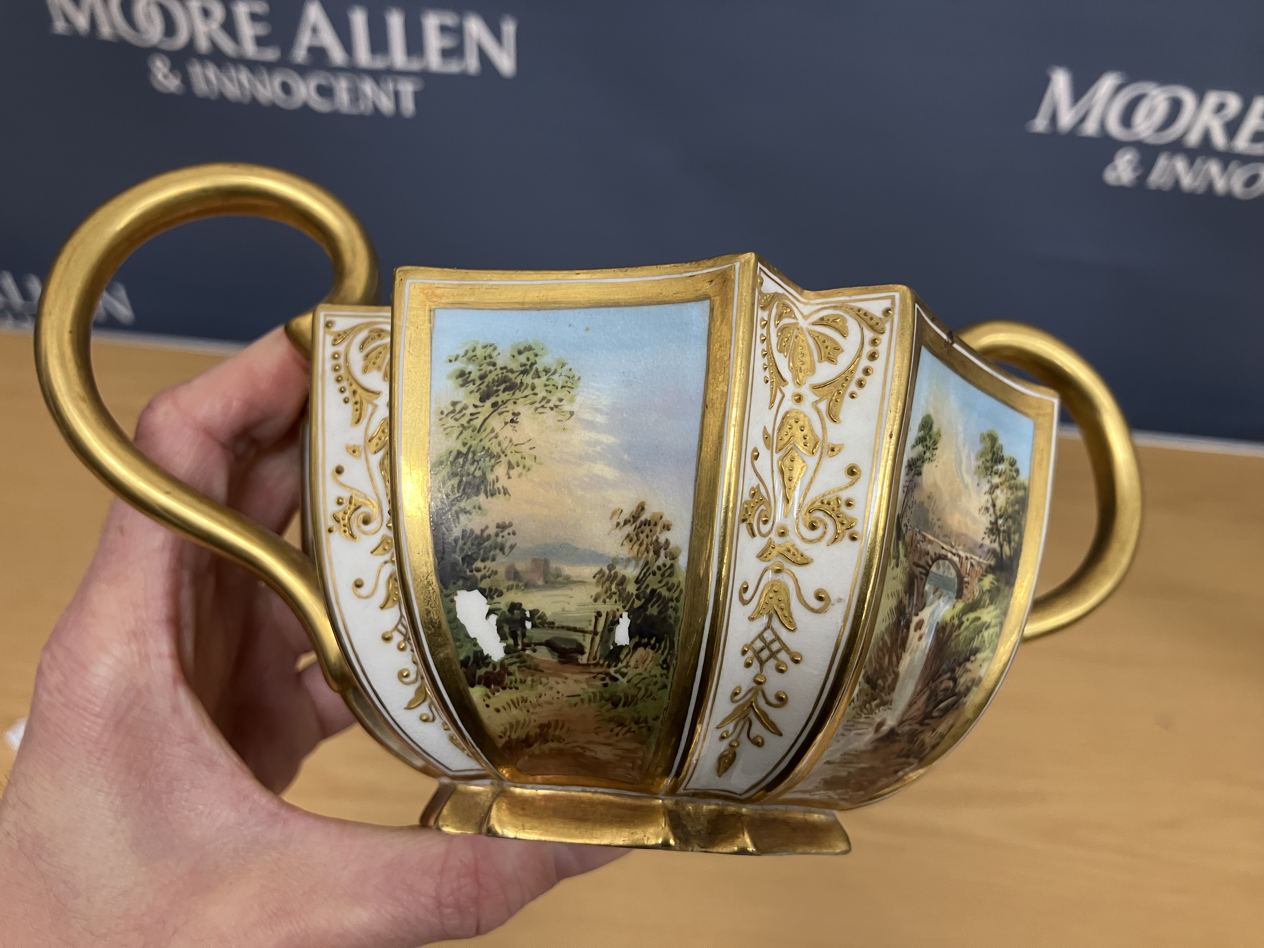 A pair of Coalport hexagonal two-handled bowls, each panel decorated with a landscape scene 10. - Image 2 of 46