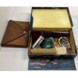 A box containing various objets de vertus including coral necklace, silver nurse's buckle,