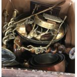 A box of various brass and copper ware including saucepans, gong, open barley twist candlesticks,