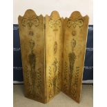A modern painted and printed three fold screen in the Regency style with scrolling foliate and