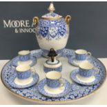 A Copeland Spode blue and white transfer decorated and gilt lined coffee set comprising six coffee