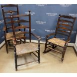A pair of 19th Century ash rush seat ladder back elbow chairs and a similar rush seat rocking elbow
