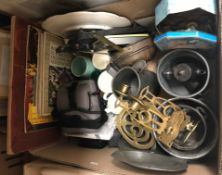 A box of sundry items to include a pair of brass piano candle sconces, a pewter hors d'oeurve dish,