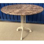 A painted cast metal garden table with circular marble top 100 cm diameter x 74 cm high