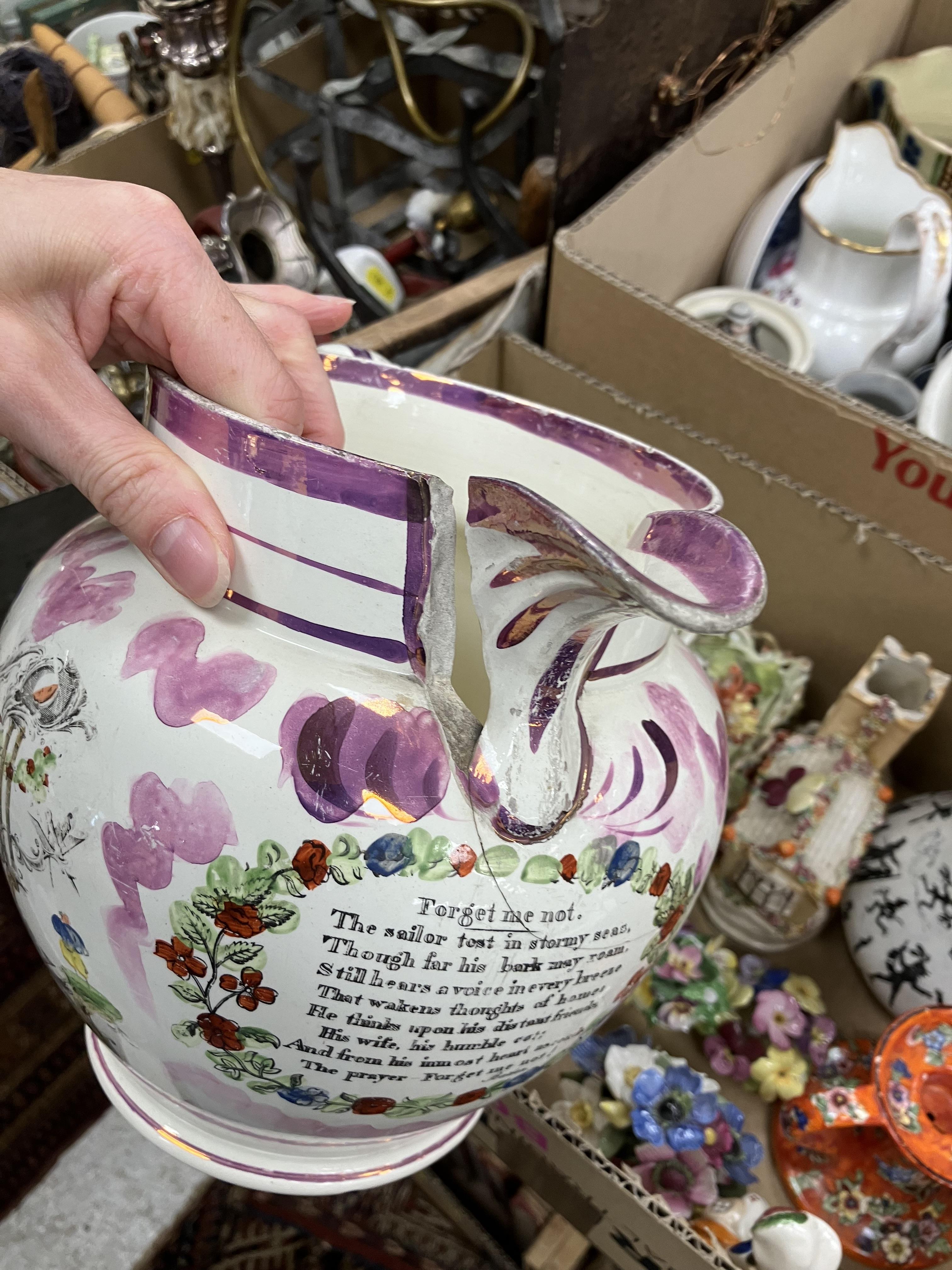 Two boxes of 19th Century and later china to include various lustre decorated jugs, Sutherland jug, - Image 15 of 16