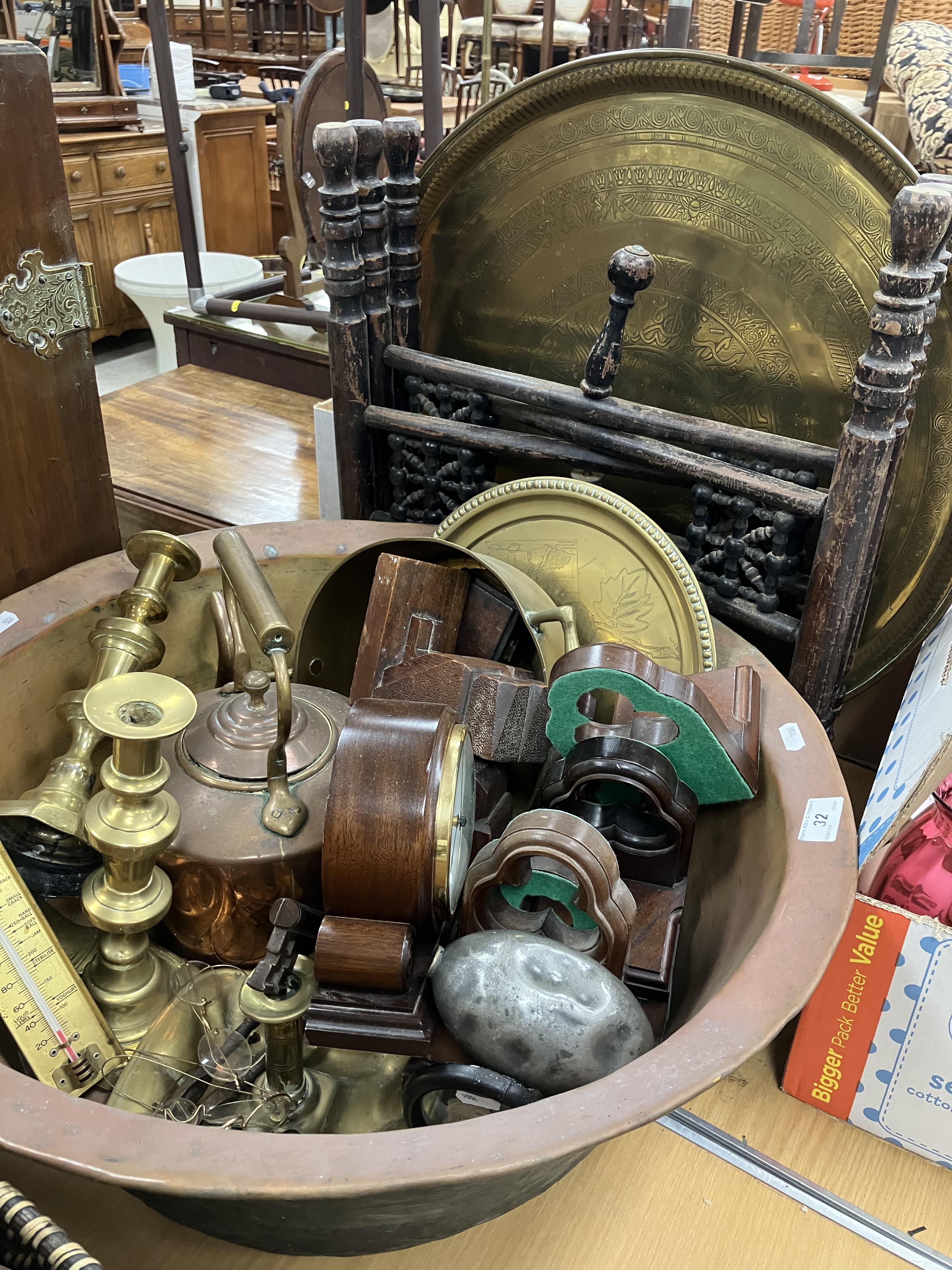 A collection of metal wares to include a Benares type table, a copper bowl, copper kettle, - Image 2 of 2