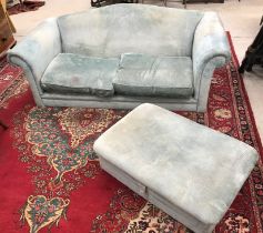 A pair of turquoise upholstered scroll arm sofas,