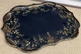 A Victorian black lacquered and Japanned papier-mâché tray of large proportions by B.