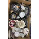 Two boxes of assorted china and glass ware to include a George VI and Elizabeth moulded glass