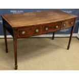 A George III mahogany serving table, the plain top cross-banded and barber pole strung,