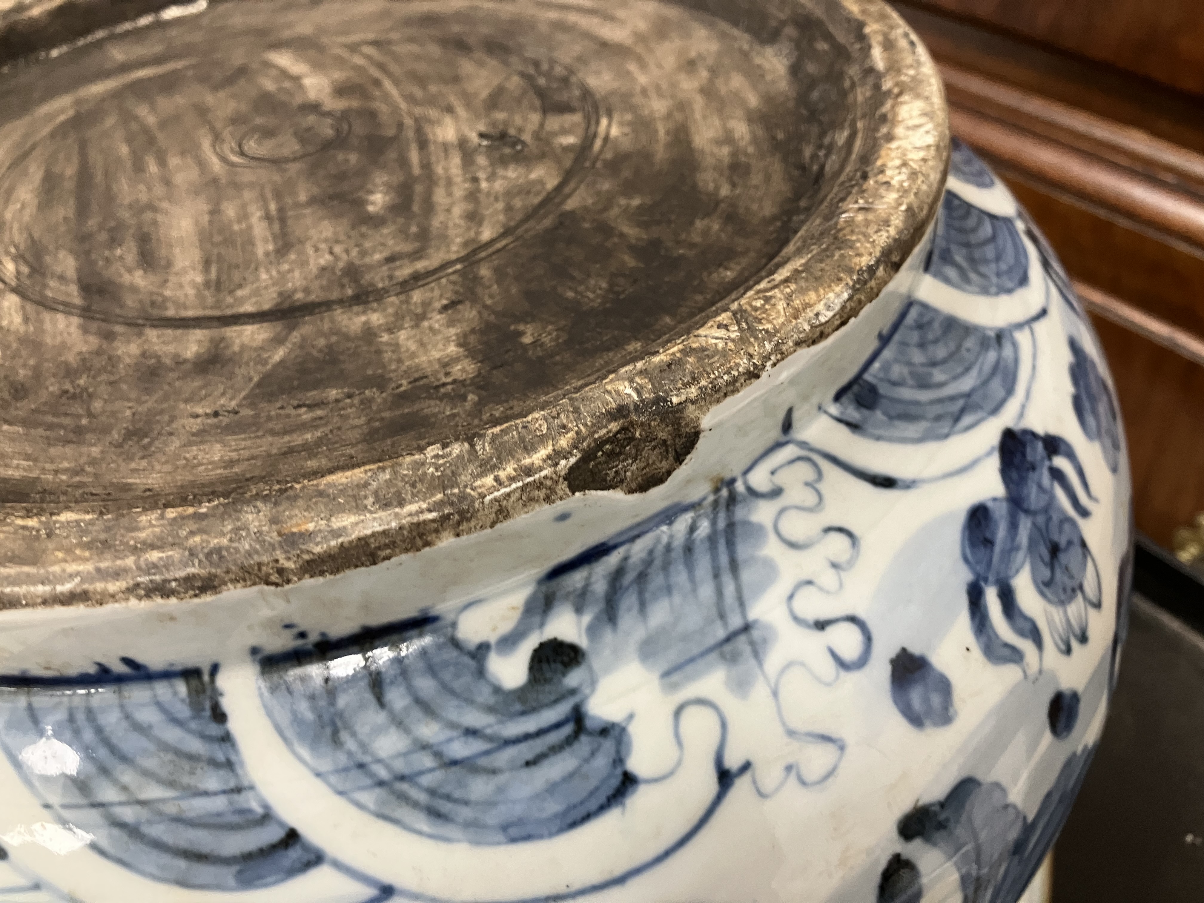 A large early 20th Century Japanese flared bowl with blue and white carp decoration, - Image 3 of 19