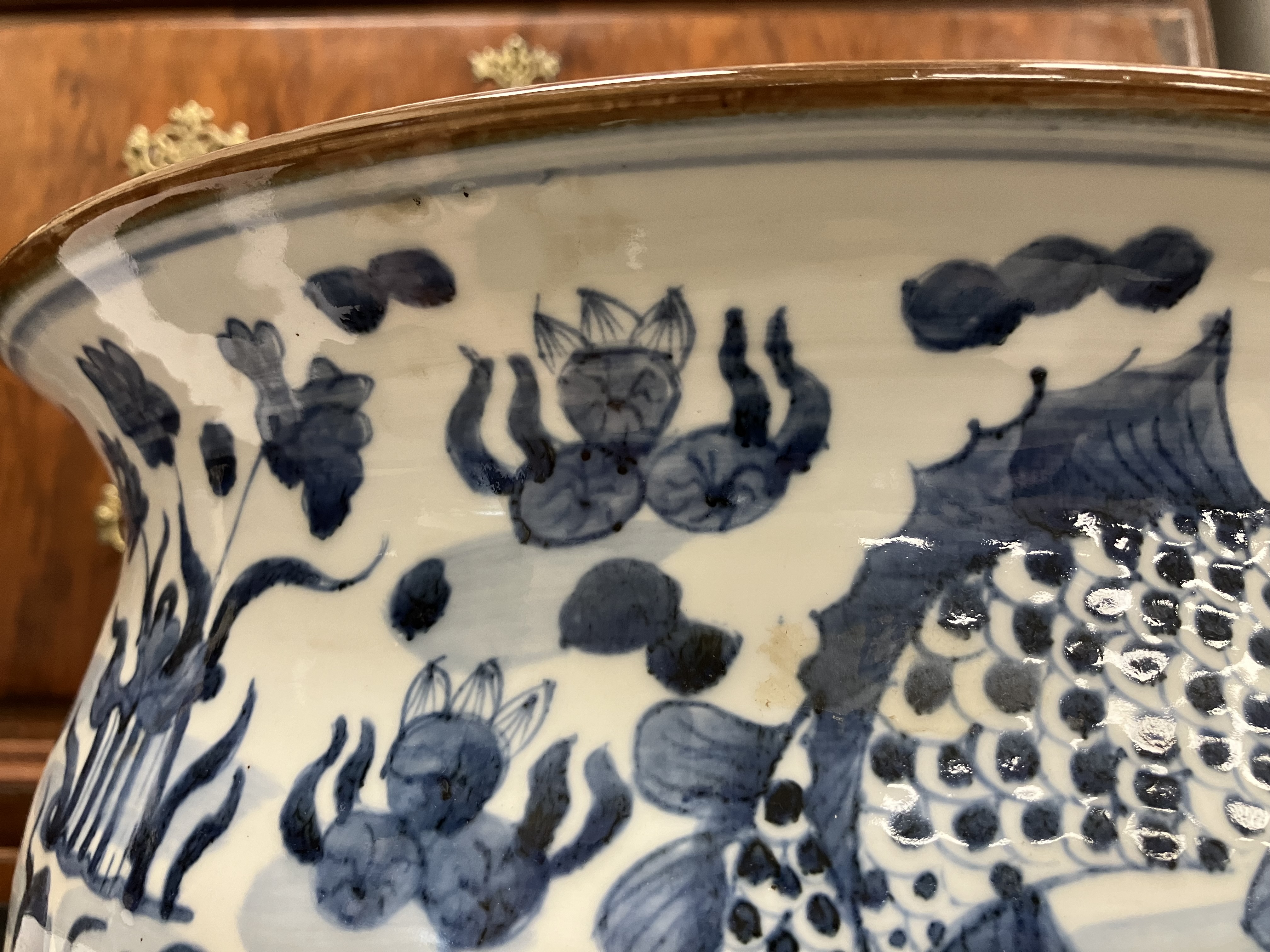 A large early 20th Century Japanese flared bowl with blue and white carp decoration, - Image 9 of 19