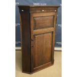 An oak hanging corner cupboard with twin fielded panelled door enclosing three shelves,