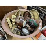 A collection of metal wares to include a Benares type table, a copper bowl, copper kettle,