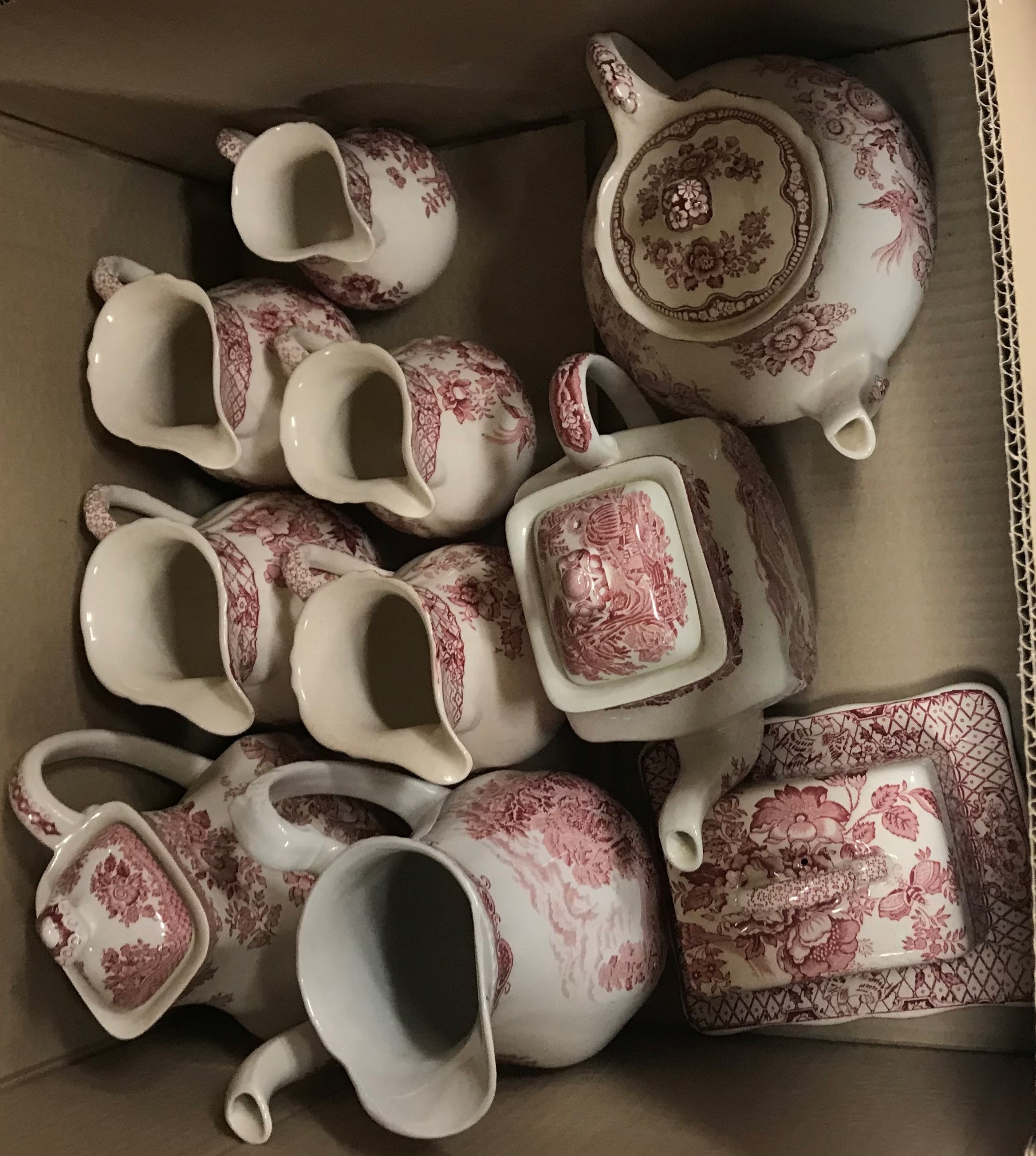 Four boxes of red transfer decorated and blue transfer decorated china including Mason's jugs, - Image 3 of 3