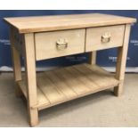 A modern beech and pine kitchen island, or work table,