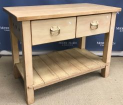 A modern beech and pine kitchen island, or work table,