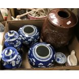 Four boxes of sundry china, treen and metal wares to include a stoneware salt glazed gin barrel,