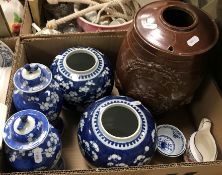 Four boxes of sundry china, treen and metal wares to include a stoneware salt glazed gin barrel,