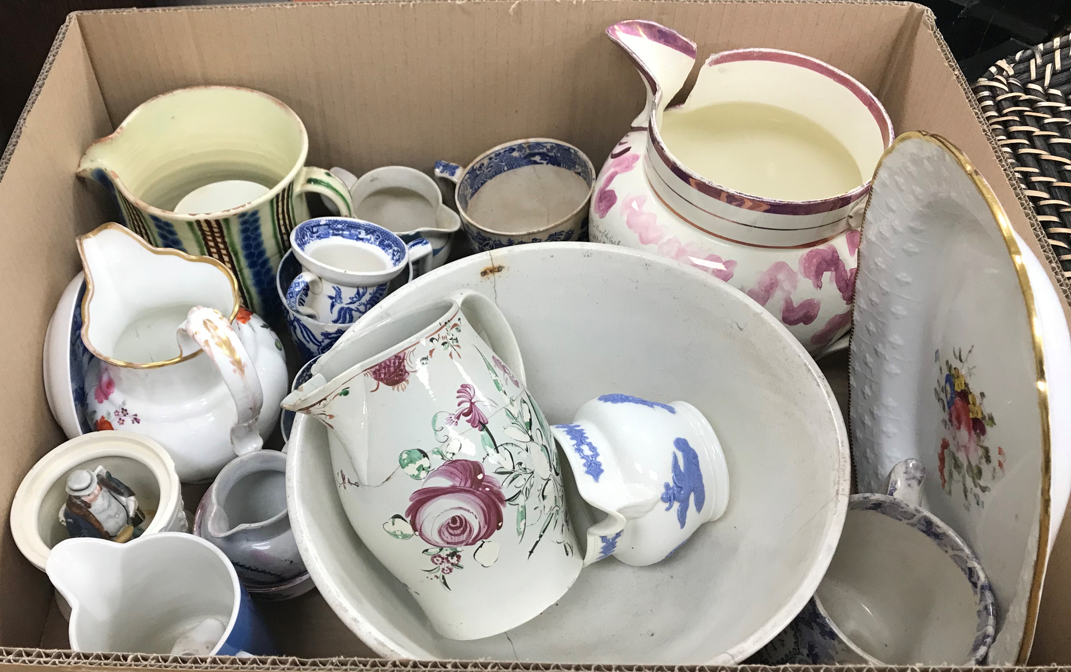 Two boxes of 19th Century and later china to include various lustre decorated jugs, Sutherland jug, - Image 2 of 16