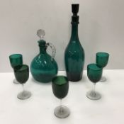 A collection of Bristol Green glass wares including a 19th Century faceted decanter and stopper
