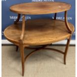 An Edwardian mahogany and inlaid Sheraton Revival two tier étagère on square tapered legs united by