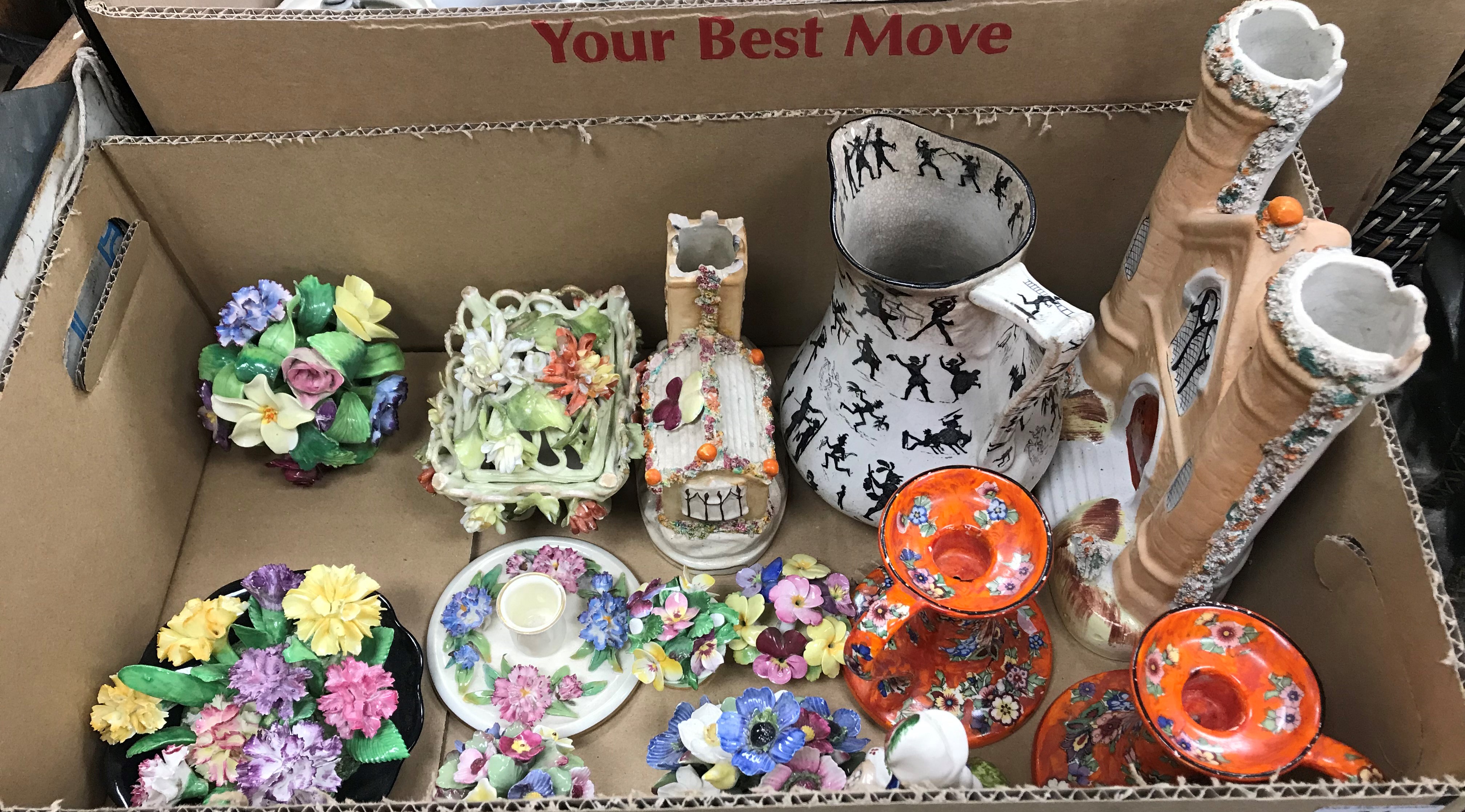 Two boxes of 19th Century and later china to include various lustre decorated jugs, Sutherland jug,